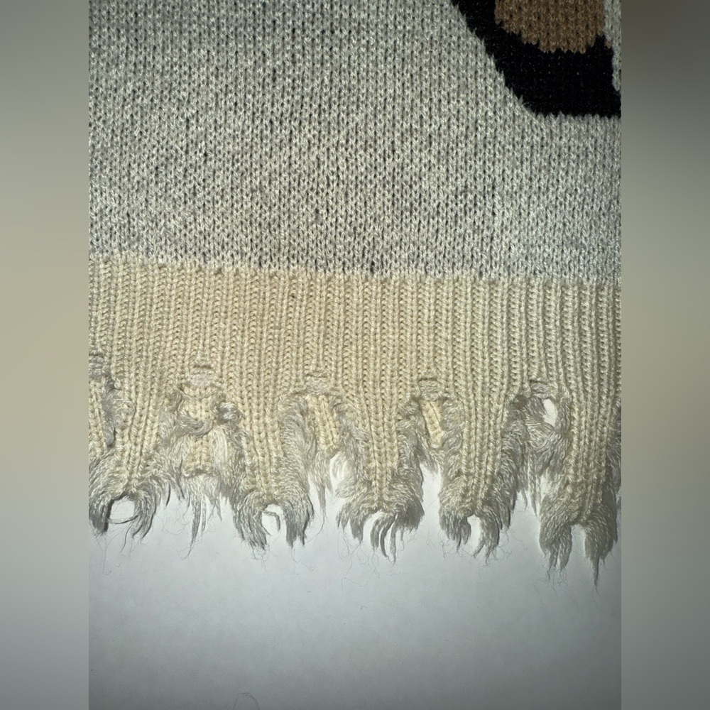 Anthropologie Entro Leopard Sweater V Neck Size Large Heavy Knit Distressed Hem - Picture 8 of 11
